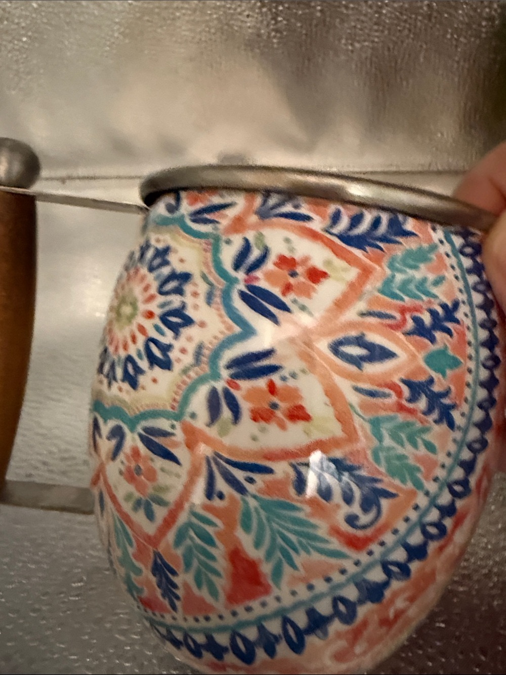 Decorative Enamel Mandala Mug with Stainless Steel inside and wood handle - Picture 6 of 8